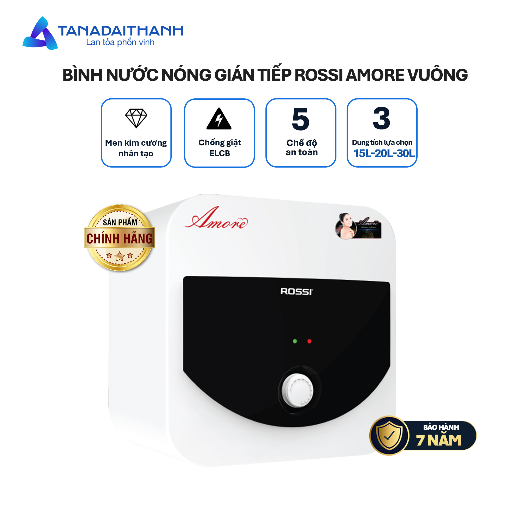 Bình nóng lạnh gián tiếp Rossi Amore Vuông 20L 